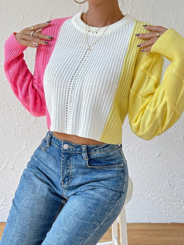 SHEIN Essnce Colorblock Drop Shoulder Crop Sweater | SHEIN