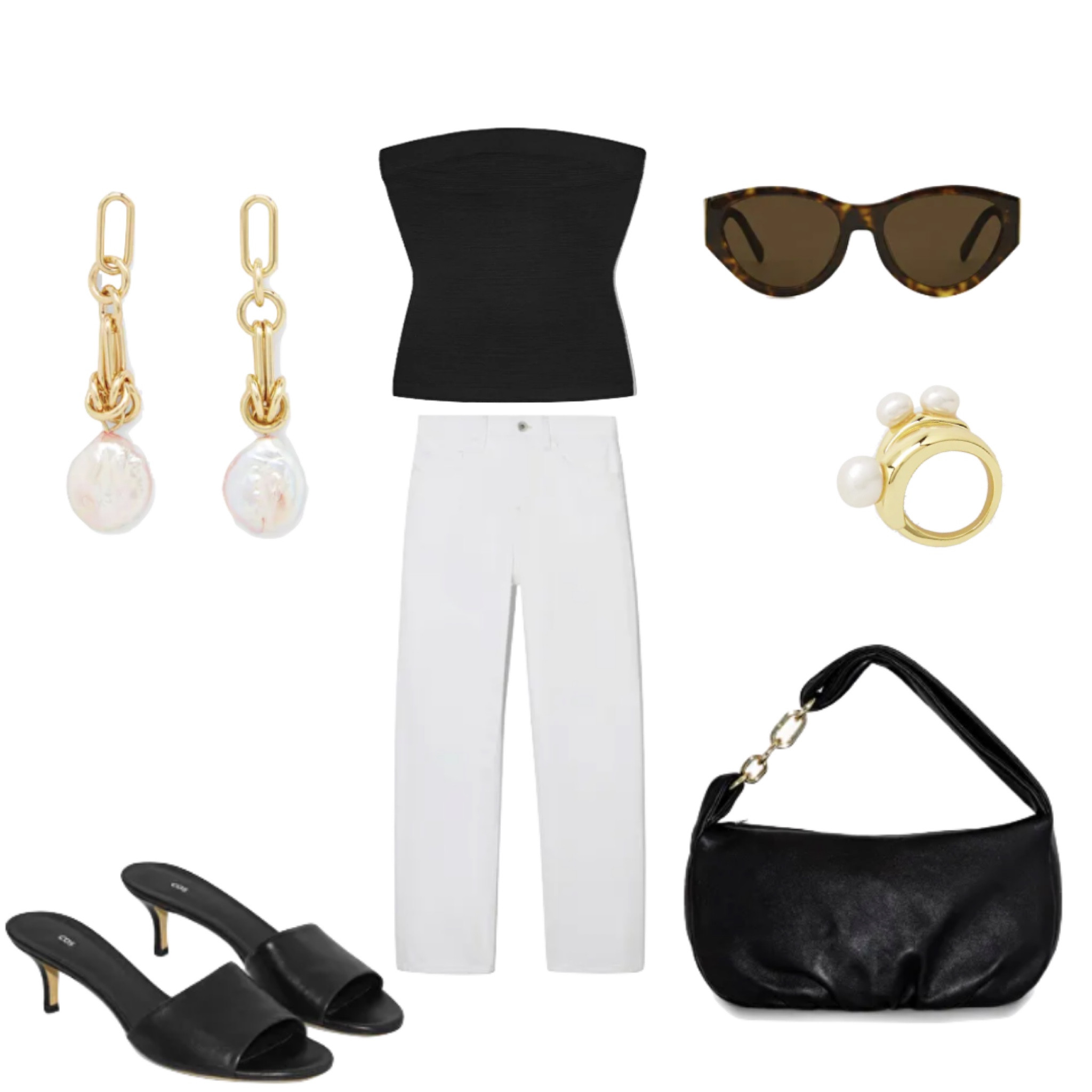 Timeless elegant summer look. Sofia Richie inspired look. Classy style, white pants, black and white look, tube top, black top, black purse, pearl earrings, black kitten heels, black shoes

#LTKFind