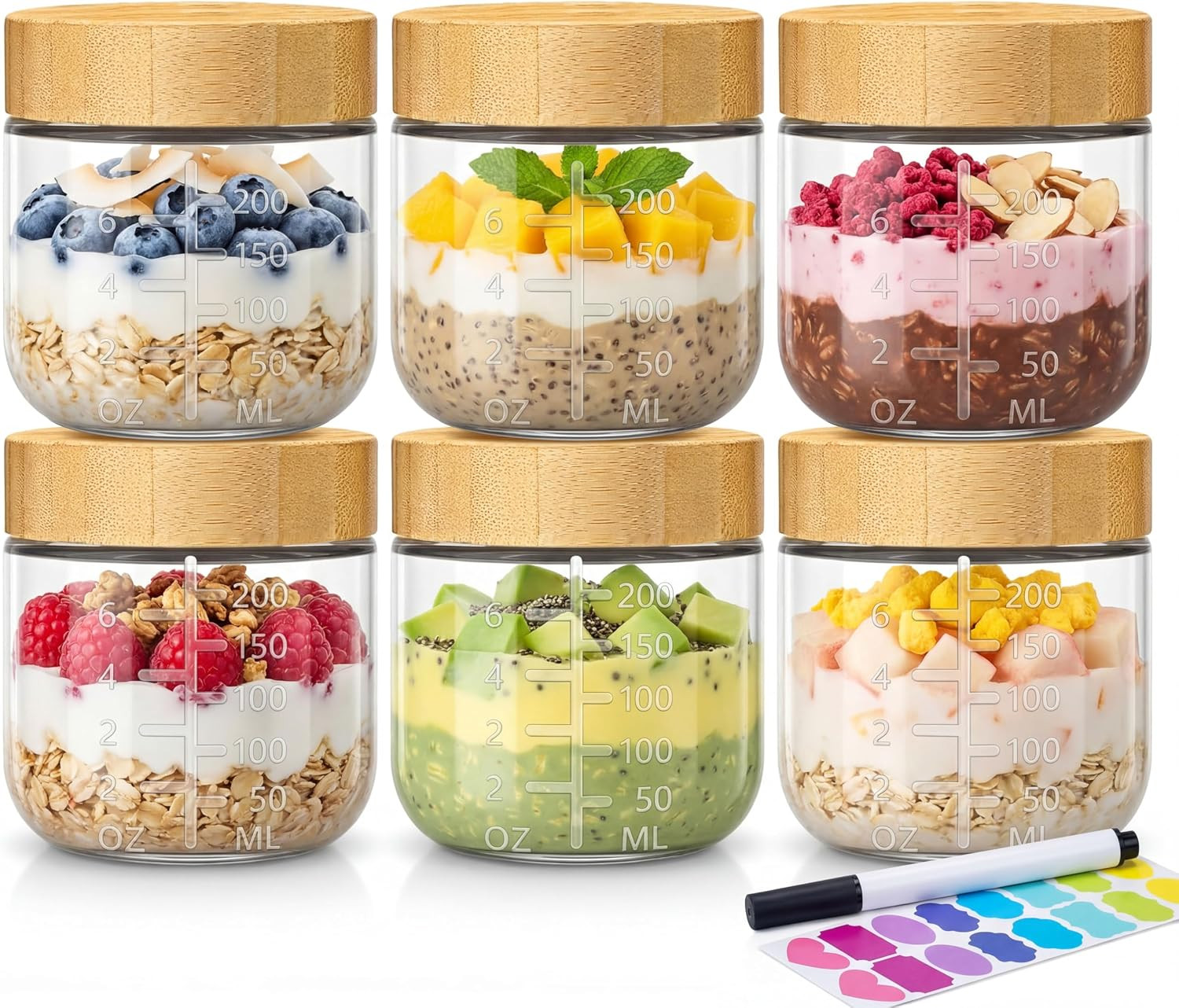 8 oz Small Glass Jars with Bamboo Lids, Overnight Oats Containers, 6 Pack | Amazon (US)