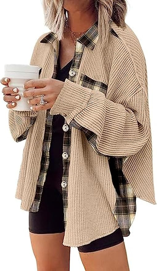 Oulivey Womens Waffle Knit Plaid Batwing Sleeve Shirt Boyfriend Button Down Shacket Jacket Top | Amazon (US)