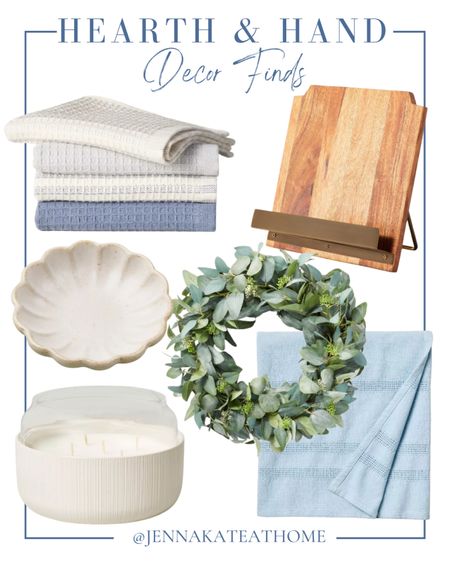 Coastal style home decor finds from Hearth & Hand from Target, including waffle towels, cookbook stands, artificial eucalyptus wreath, lightweight blankets, decorative bowls, large candles

#LTKfamily #LTKhome