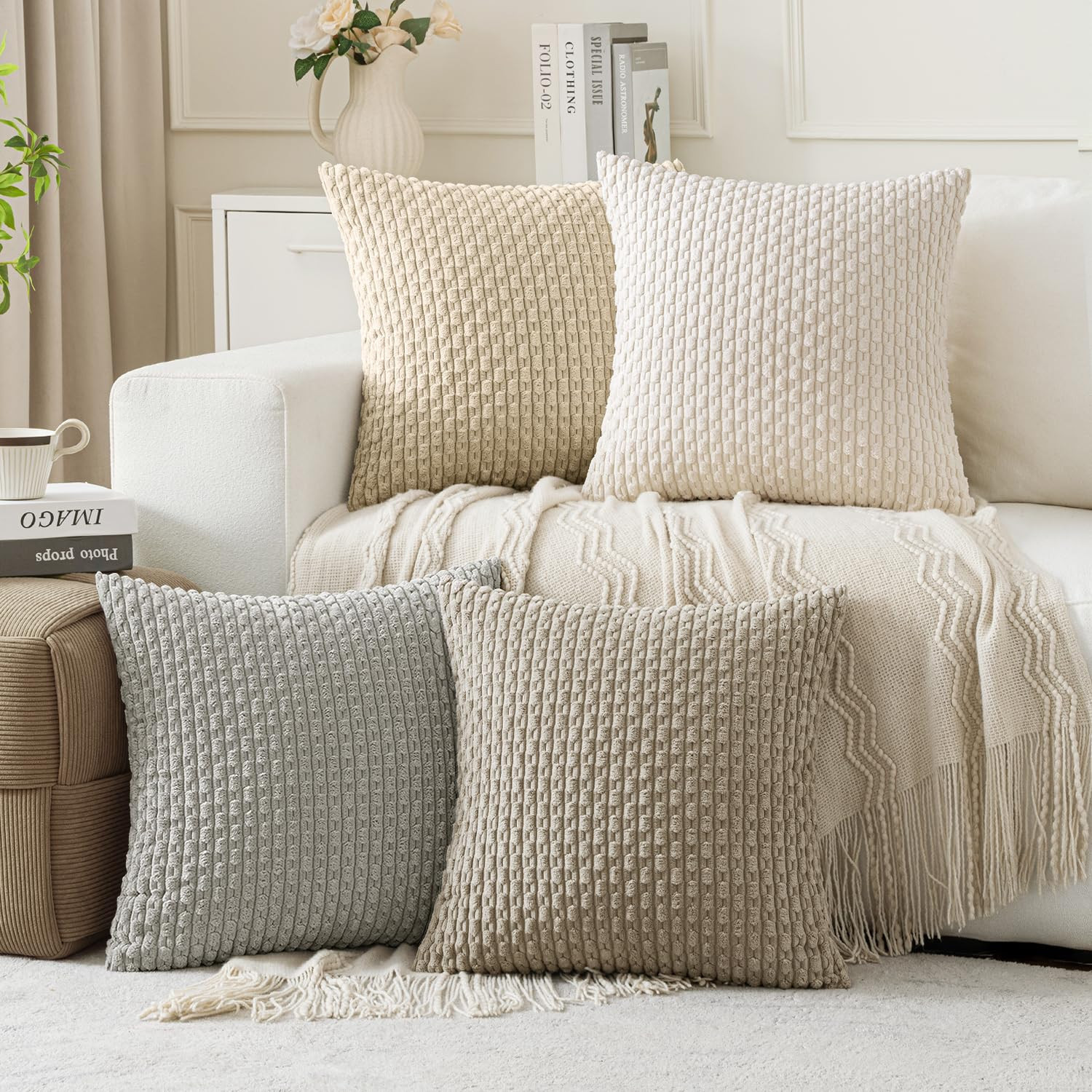 MIULEE Throw Pillow Covers Soft Couch Decorative Set of 4 Boho Striped Cushion Corduroy Pillowcas... | Amazon (US)