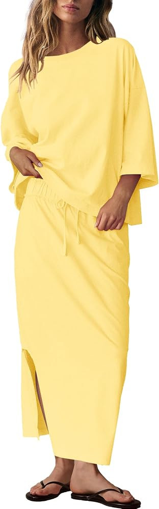 LAMISSCHE Skirt Sets Women 2 Piece Outfits Casual Lounge Set Back Vented Tops and Maxi Dress with... | Amazon (US)