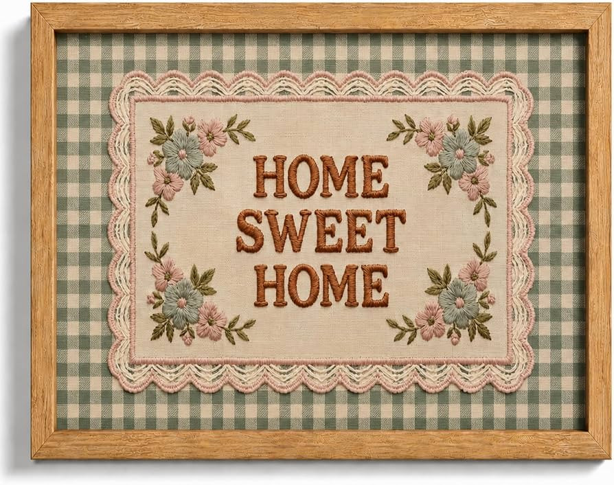 Farmhouse Home Sweet Home Framed Wall Art, Embroidered Style Green Gingham Decor, Cozy Cottagecor... | Amazon (US)