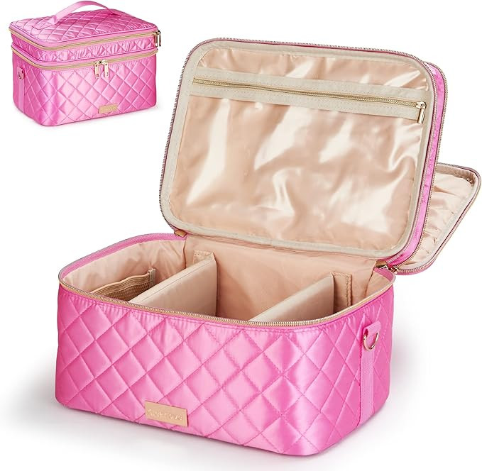 Makeup Bag Cosmetic Bag Large Toiletry Bag Double Layer with Strap for Women with Adjustable Divi... | Amazon (US)