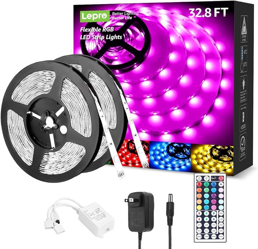 Lepro RGB LED Light Strips 32.8ft, Christmas Decorations, 5050 LED Color Changing Tape Light with... | Amazon (US)