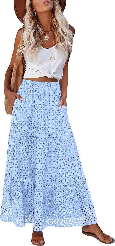 ANRABESS Maxi Skirts for Women Boho Tiered Eyelet Elastic High Waist A-Line Summer Casual Flowy B... | Amazon (US)