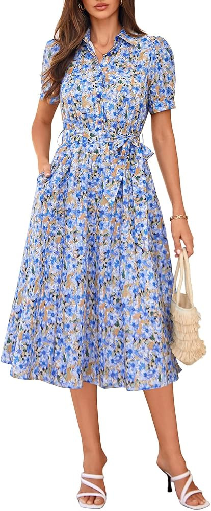 GRACE KARIN Womens Cotton Summer Boho Midi Dresses 2026 Puff Sleeve Shirt Dress Flowy Floral Wedd... | Amazon (US)