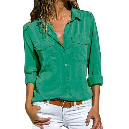 WZHKSN Womens Solid Green Long Sleeve Button Down Collar Tee Tops T-Shirt | Walmart (US)