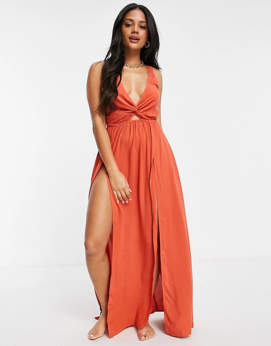 ASOS DESIGN tie back beach maxi dress with twist front detail in rust-Brown | ASOS (Global)