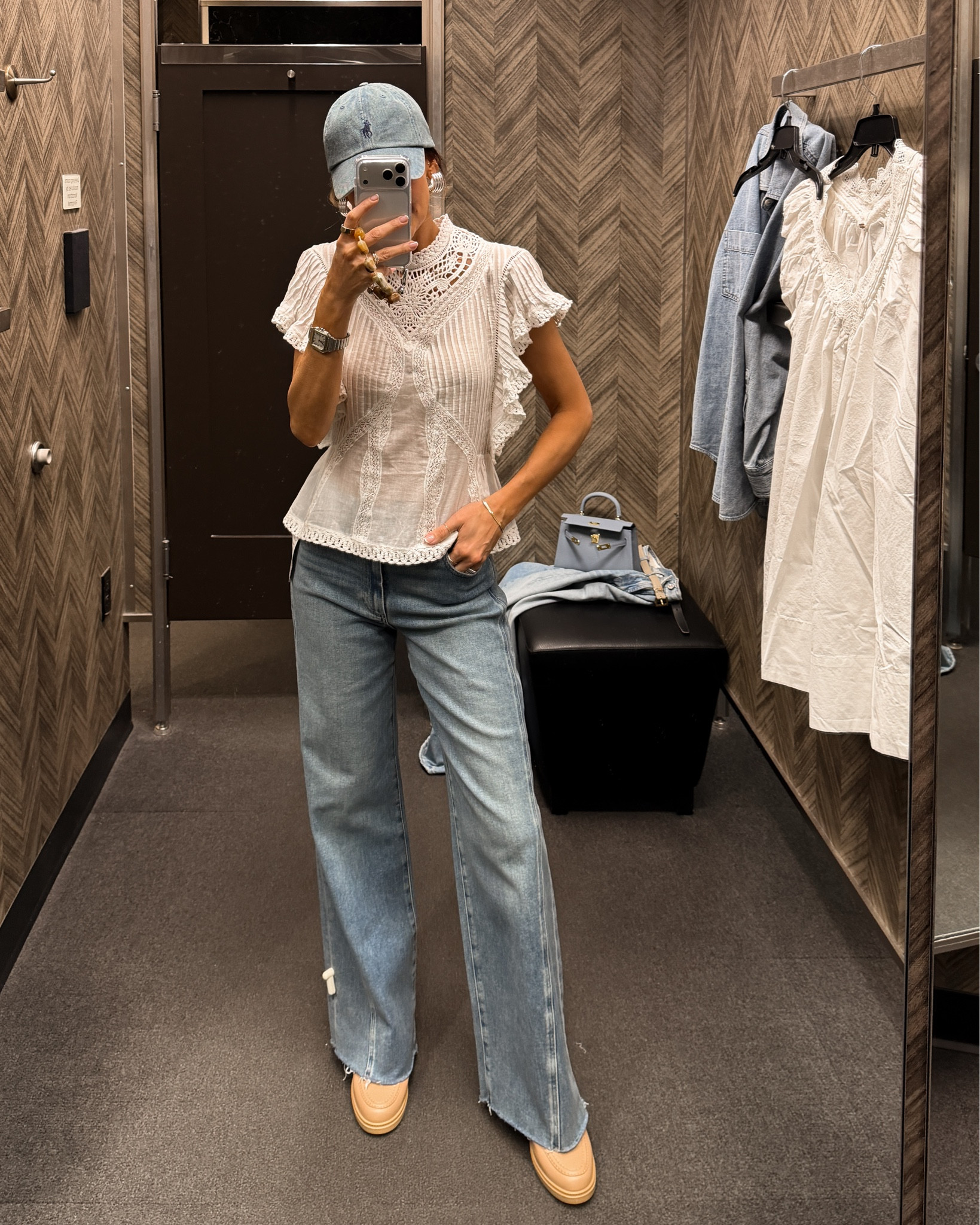 Tried on this ruffle top with crochet panels and felt instantly in love, the jeans are the perfect slate and length. Size xxs on top - runs large. Jeans fit tts

#LTKSeasonal #LTKOver40 #LTKootd