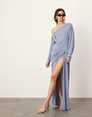 ASOS EDITION draped off shoulder maxi dress with waist detail in blue | ASOS (Global)