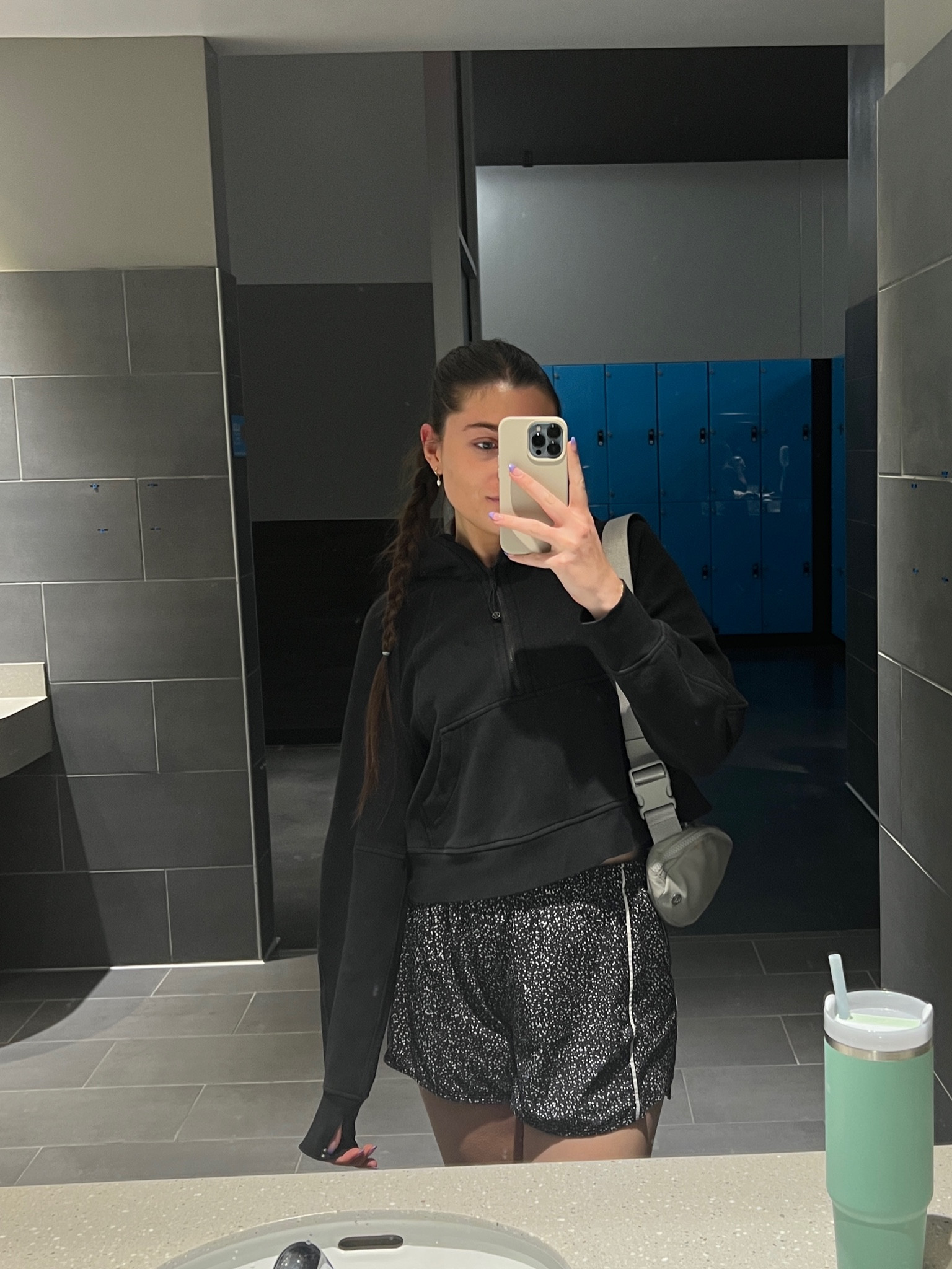 in love with this running outfit from the other day - black lululemon scuba hoodie, cute running hairstyle, black shorts, nike socks, HOKA clifton 8’s, lululemon belt bag, and my stanley cup 🖤

#LTKstyletip #LTKfit #LTKshoecrush