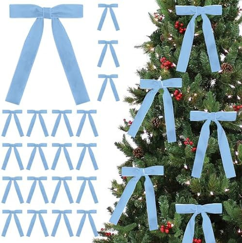 SIMISI RIBBON 24 Pcs Light Blue Velvet Bows Christmas Tree Ornaments Vintage Ribbon Bow for Tree ... | Amazon (US)