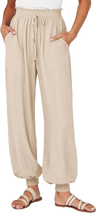 Caracilia Womens Summer Linen Pants Casual Loose Drawstring Elastic High Waist Ankle Length Comfy... | Amazon (US)