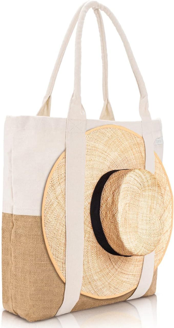 Beach Bag - Large Woven Beach Tote Bag - Boho Chic Travel Tote Bag With Hat Holder Strap | Amazon (US)