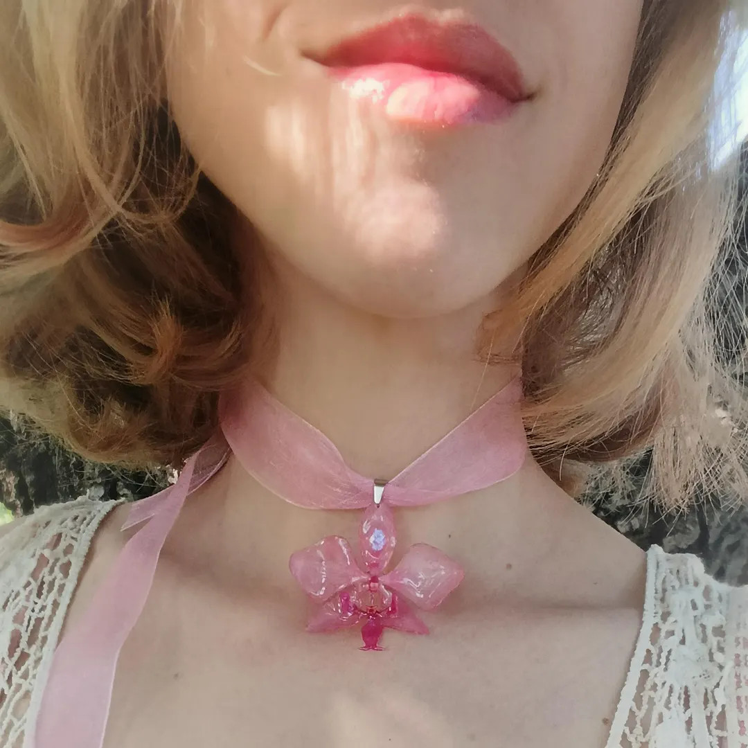 Pink Orchid Ribbon Choker, Real Flower Pendant, Botanical Necklace | Etsy (US)