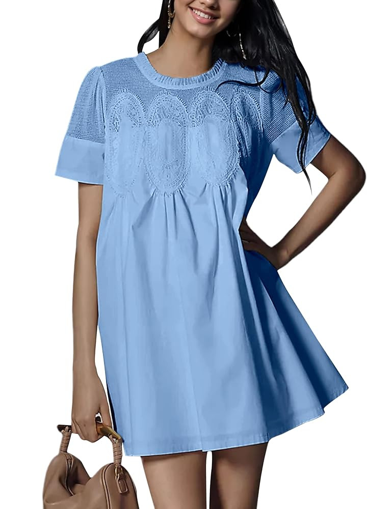 Womens Summer Lace Mini Babydoll Dress Ruffled Collar Short Sleeve Loose Mesh Swing Elegant Flare... | Amazon (US)