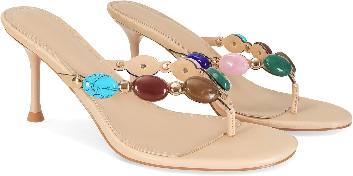 Jeweled Flip Flop Kitten Heels for Women Open Toe Beaded Strappy High Heels Sandals Slip On Thong... | Amazon (US)