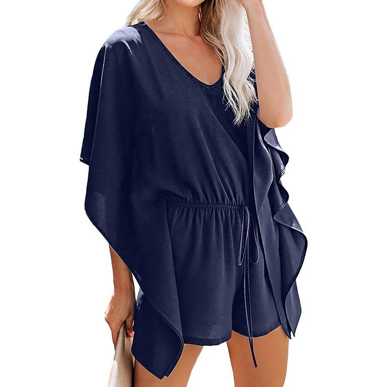 Women Casual V-Neck Rompers Summer Shorts Jumpsuit Elastic Waist Lounge Mini Playsuit | Walmart (US)