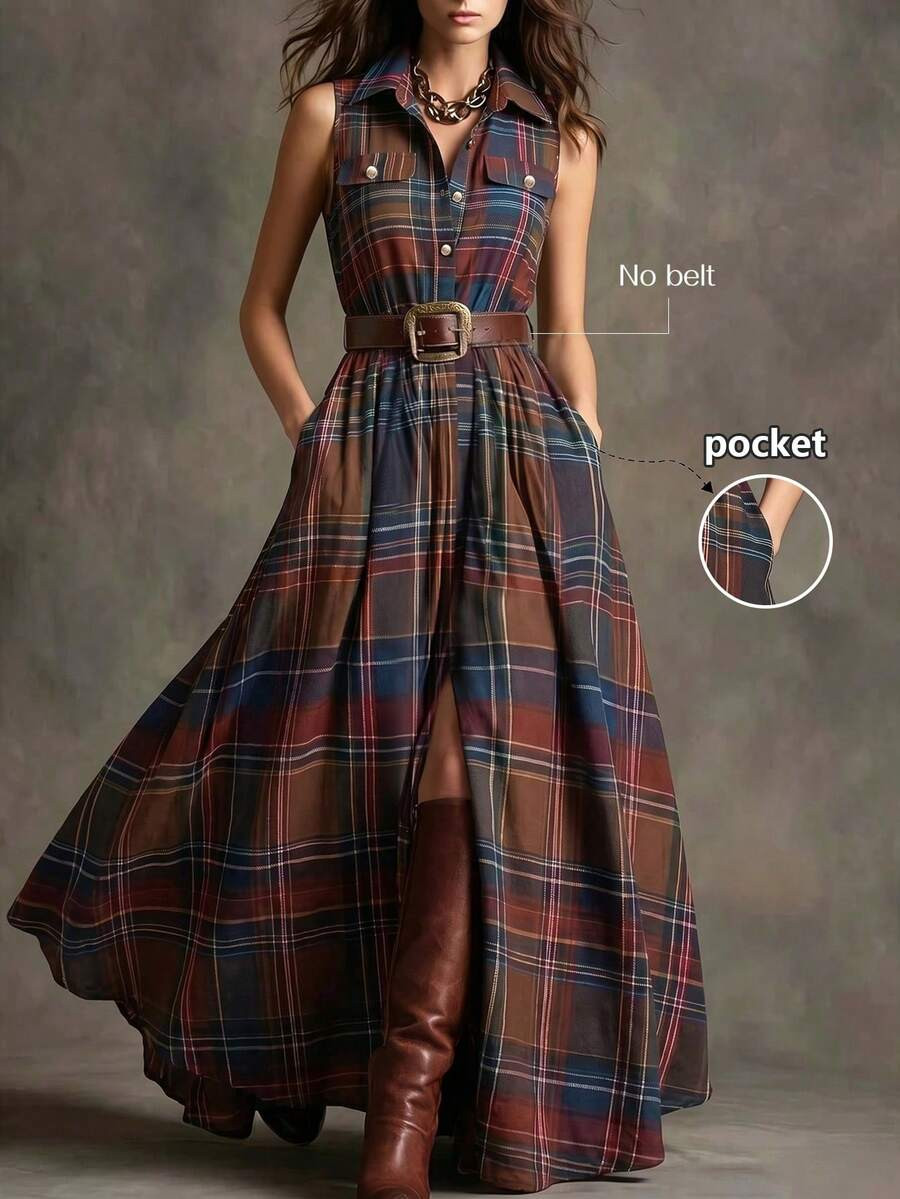 LUMIGAL Vintage French Waist-Cinching Plaid Print Bohemian Western Style Commuter Casual Shirt-St... | SHEIN