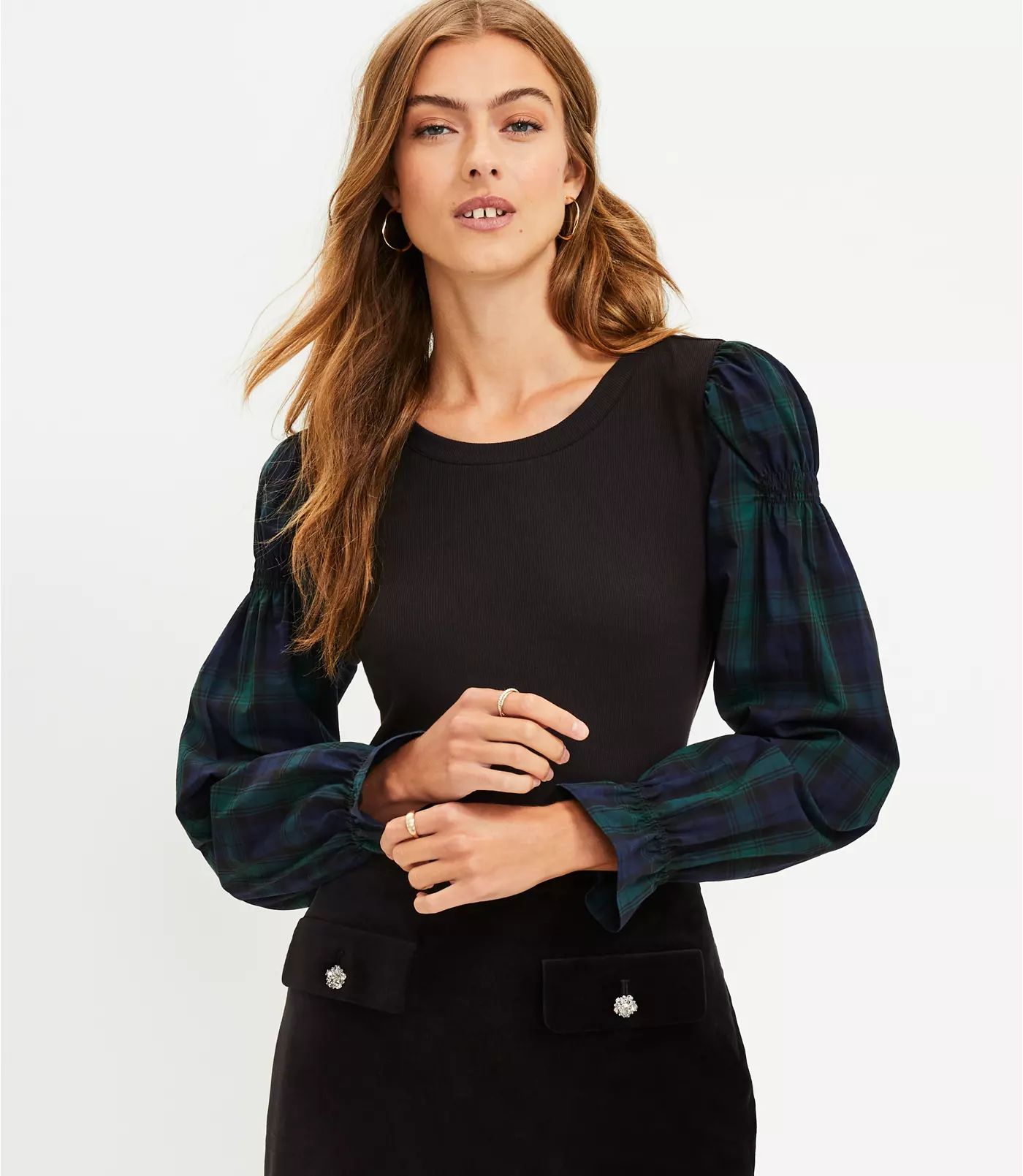 Plaid Lace Trim Mixed Media Blouse | LOFT