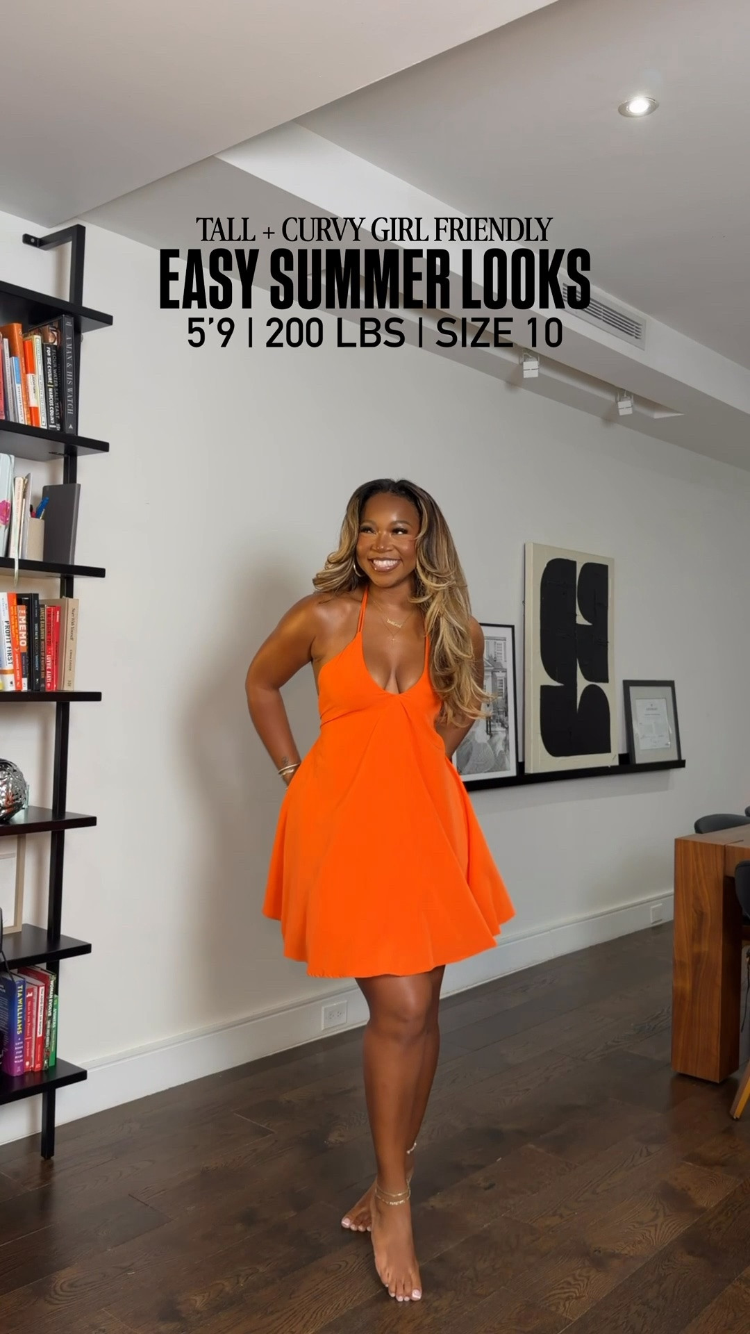 - 5'9", 200 lb, wearing a large and the bright orange dress, medium in the stripes, medium in the strapless nude dress, large in the jumpsuit, medium top  and extra large bottoms in the pants

#LTKootd #LTKMidsize #LTKTall