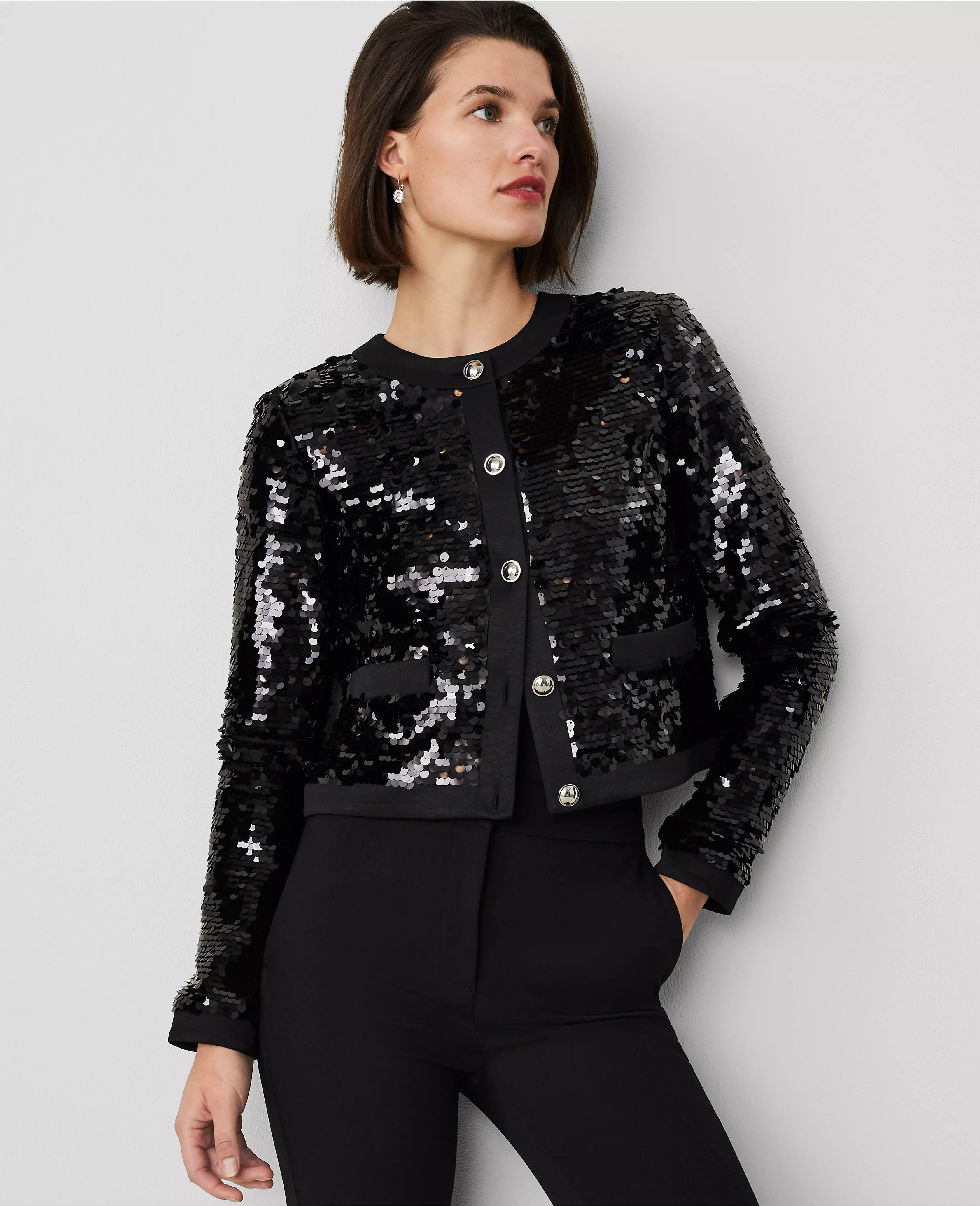 Sequin Crew-Neck Jacket | Ann Taylor
