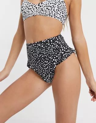 ASOS DESIGN recycled mix and match high waist frill bikini bottom in black mono polka dot | ASOS (Global)