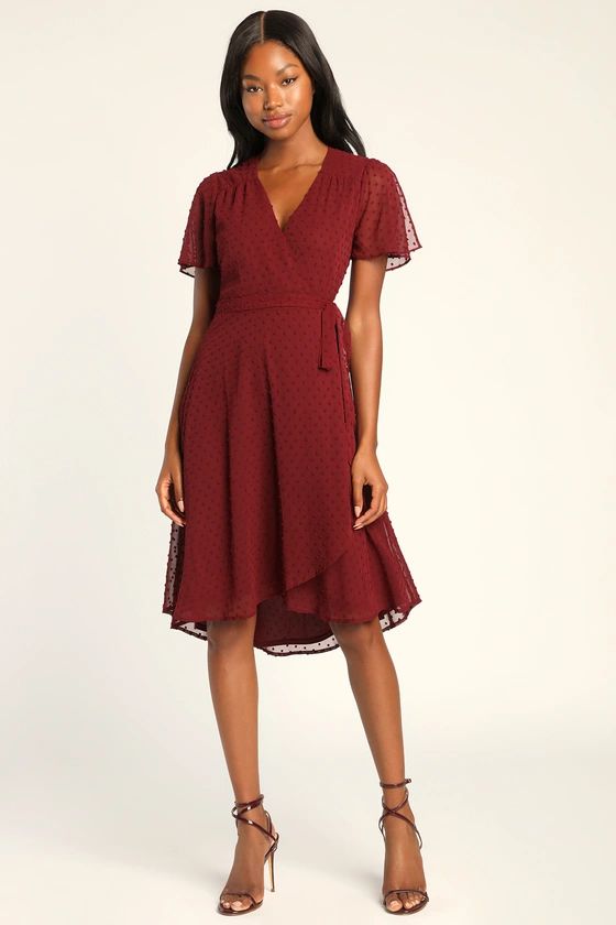 Classically Charming Burgundy Swiss Dot Wrap Midi Dress | Lulus (US)