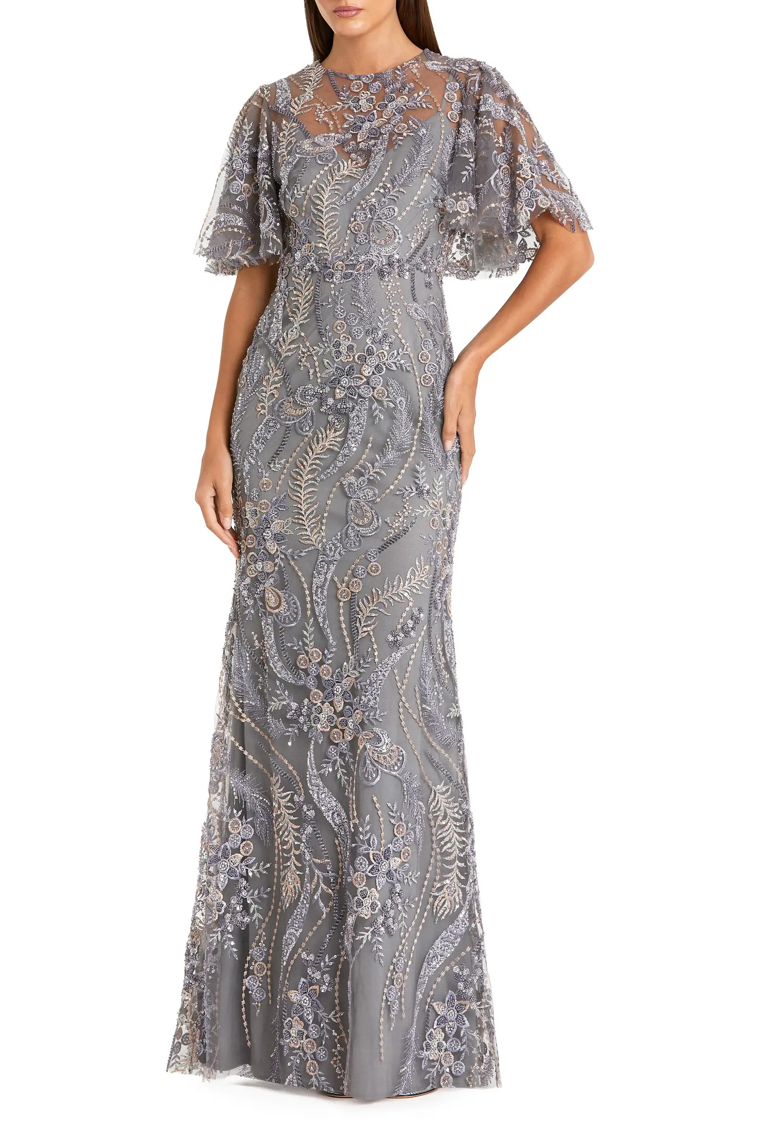 Women's High Neck Flutter Sleeve Floral Embroidered Gown (Women) | Nordstrom | Nordstrom