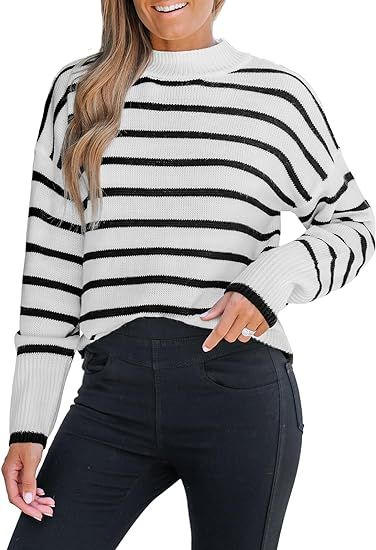 CUPSHE Women Mock Neck Sweater Tops Long Sleeve Sweaters Stripes Pullover Casual Shirts | Amazon (US)