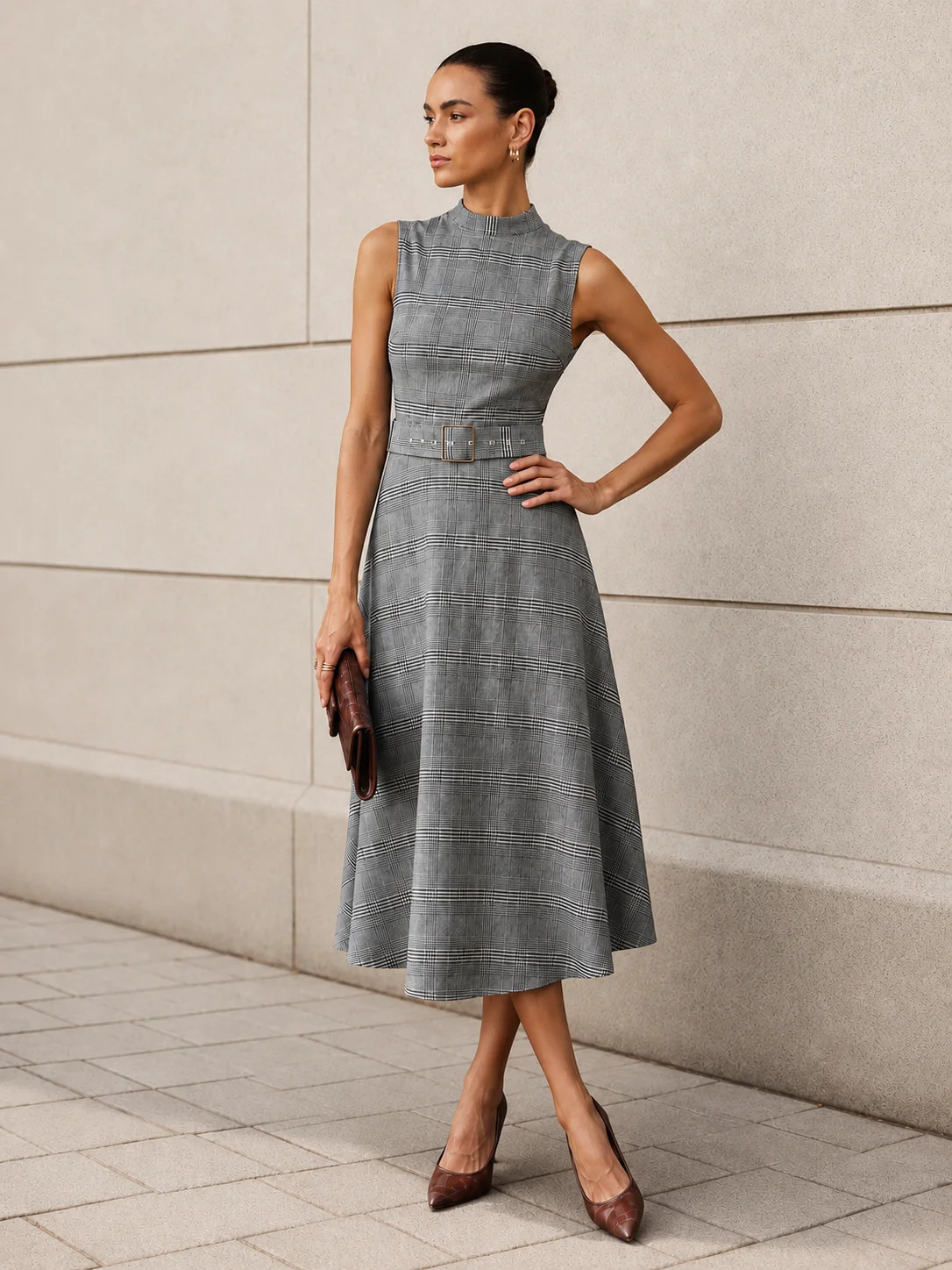 Plaid Stand Collar Belted Maxi Dress | Commense
