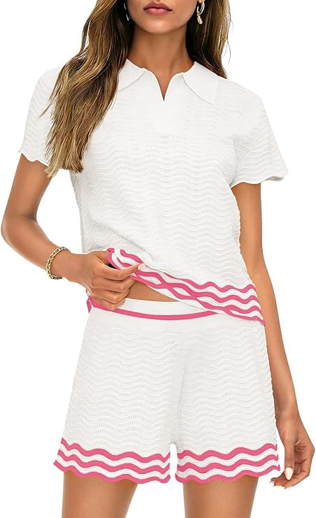 Saodimallsu Womens Sweater Sets 2 Piece Outfits Short Sleeve Polo V Neck Knit Tops Waves Shorts M... | Amazon (US)