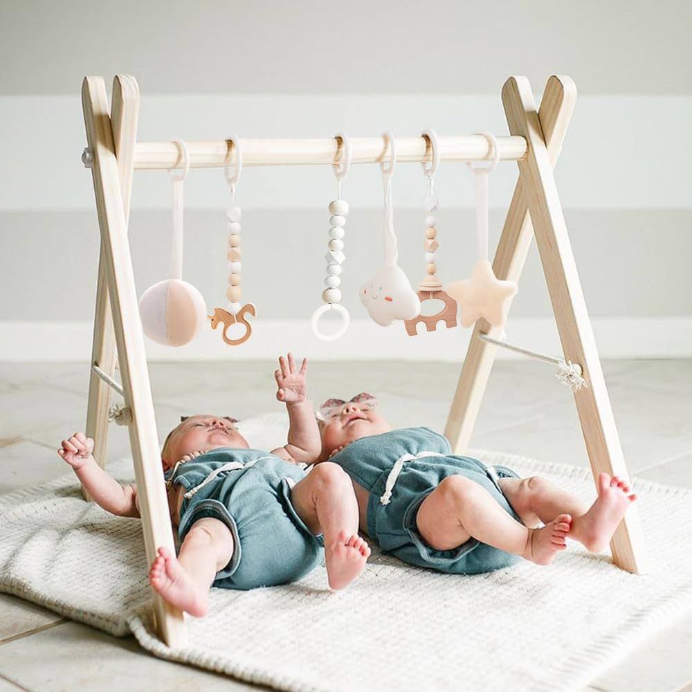 Wooden Baby Gym with 6 Gym Toys, Foldable Baby Play Gym, Natural Pine Wood Play Gym, Frame Activi... | Amazon (US)