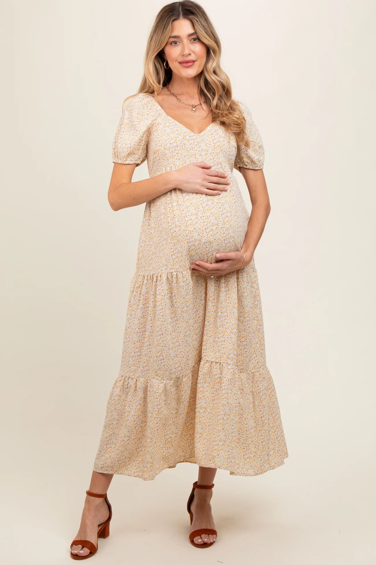 Yellow Ditsy Floral Tiered Maternity Midi Dress | PinkBlush Maternity