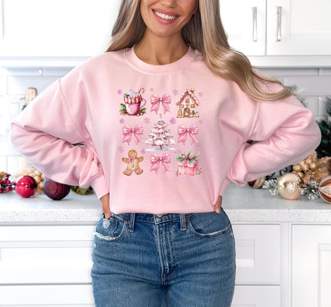 Coquette Christmas Sweatshirt Pretty Pink Bows, Santas and Gingerbread Sweatshirt Festive Holiday... | Etsy (US)