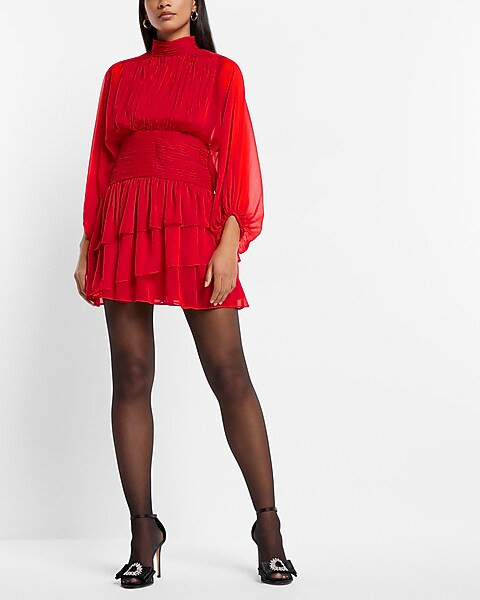 Mock Neck Long Sleeve Pleated Waist Tiered Ruffle Mini Dress | Express
