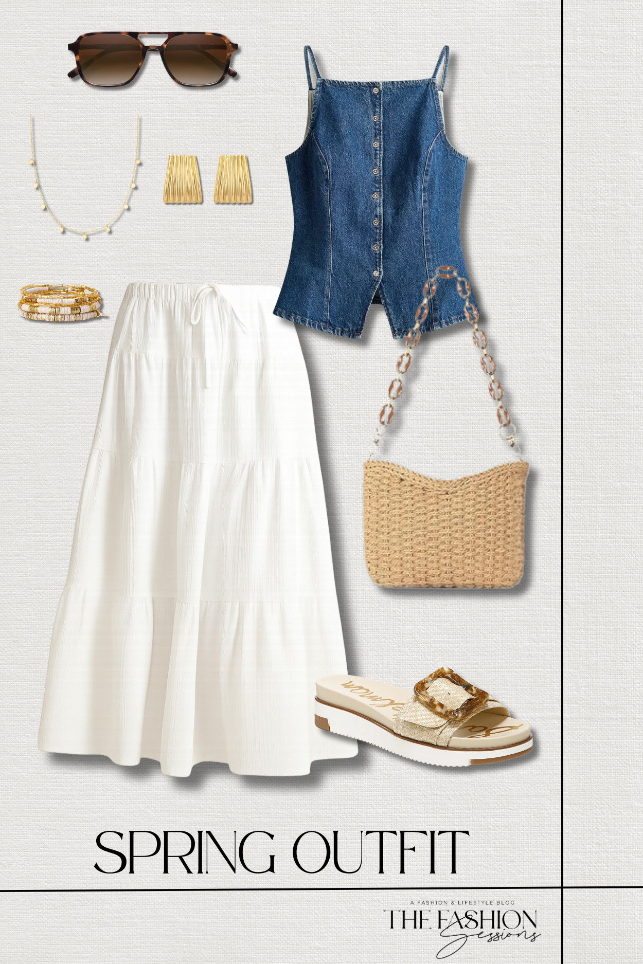 Spring outfit inspo that blends denim textures, lightweight layers, and neutral accessories for an effortless warm‑weather look — a versatile combo that could easily be a vacation outfit for beach trips, weekend getaways, or spring break travel!
tiered ruffle hem maxi skirt | denim vest | ariene slide sandals | woven crossbody beach bag | grace bracelet stack | chunky gold earrings | mini disc station necklace | tortoiseshell avaitor sunglasses | spring outfit | vacation outfit | beach outfit | casual outfit 

 #LTKootd #LTKSeasonal