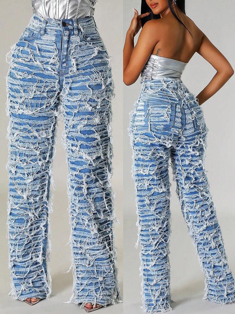 Valentine's Day, Date Night Outfit, Gifts For Her GLOURI Women's Y2K Fringed Ripped Jeans - High Waisted Light Wash Blue Wide Leg With Raw Hem & Distressed Tassel Details | Streetwear Denim For Casual, Daily & Party Outfits | SHEIN