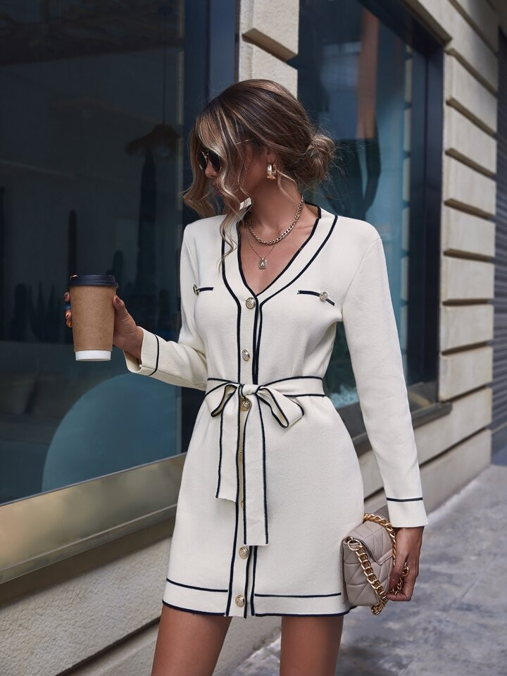 SHEIN Clasi Contrast Piping Belted Sweater Dress | SHEIN