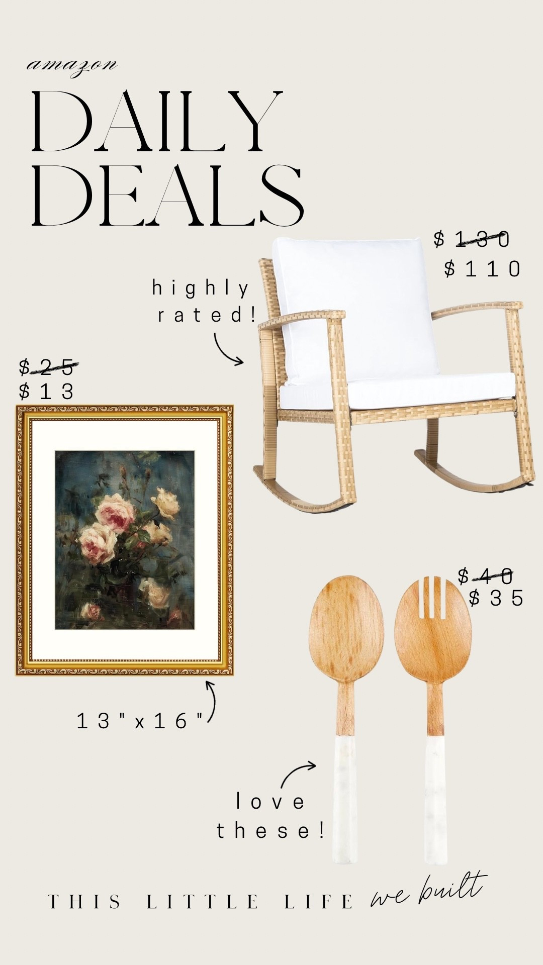 Amazon daily deals! 



Outdoor rocking chair, kitchen utensils, wall art, spring, Amazon home, home decor finds 

#LTKU #LTKHome #LTKSaleAlert