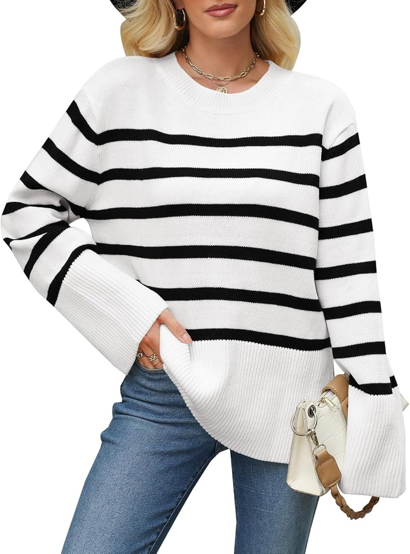 Imily Bela Womens 2023 Oversized Striped Sweater Crew Neck Long Sleeve Color Block Knit Side Slit... | Amazon (US)