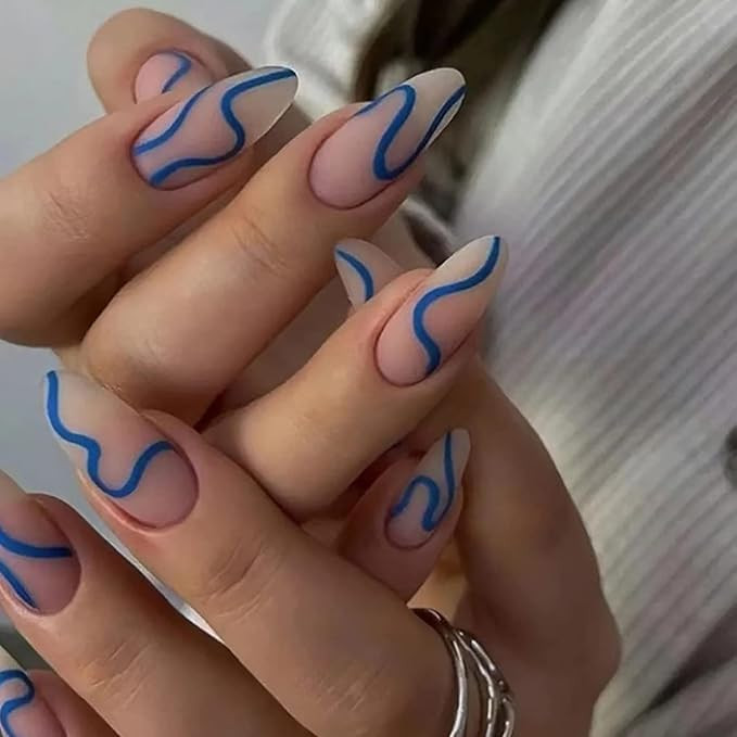 Press on Nails Almond Medium Fake Nails Nude French Tip Nails with Blue Swirls Design Full Cover ... | Amazon (US)