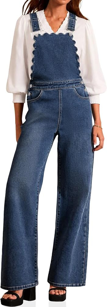 Flowyair Womens Denim Overalls Scalloped Wide Leg Straight Jean Jumpsuits | Amazon (US)
