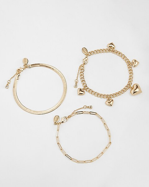 Set Of 3 Mixed Chain Heart Charm Bracelets | Express