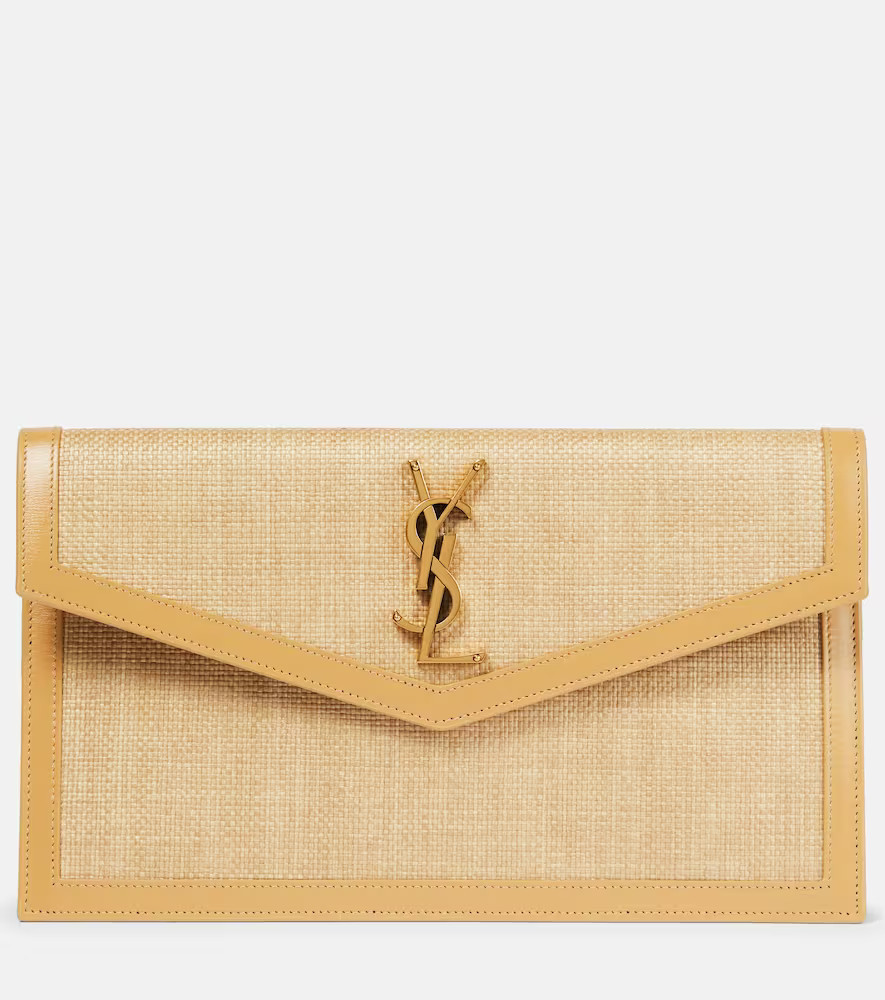 Saint Laurent Uptown leather-trimmed raffia clutch | Mytheresa (US/CA)