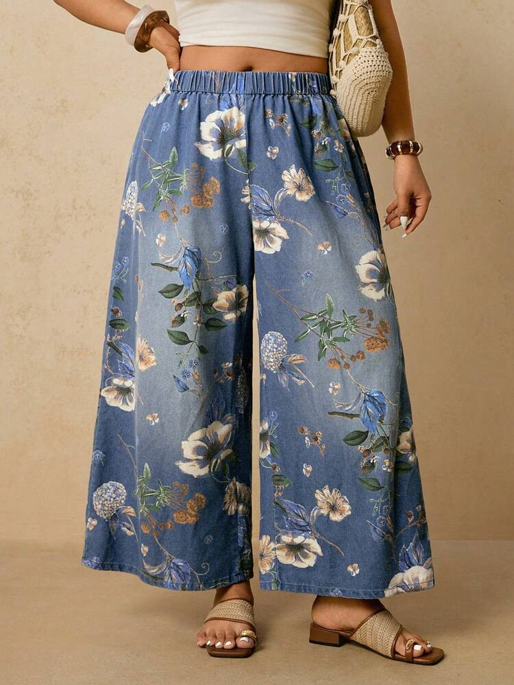 Travachic Plus-Size Wide-Leg Jeans With Floral Pattern, Comfortable Elastic Waistband, Perfect Fo... | SHEIN