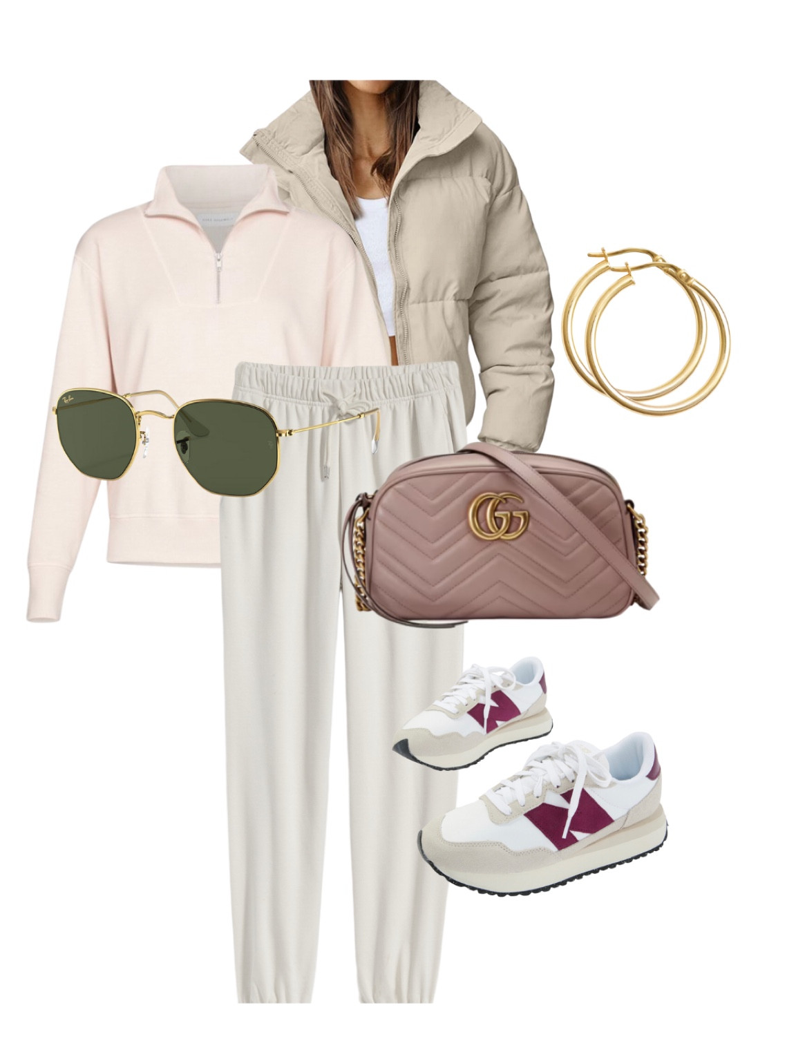 Weekend winter puffer coat neutrals old navy sweatpants sweatsuit set new balance sneakers 