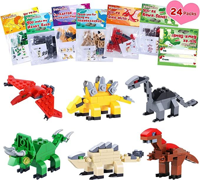 AQUAJOY 24 Pack Valentines Cards for Kids Classroom with Dinosaur Building Blocks Toys, Valentine... | Amazon (US)